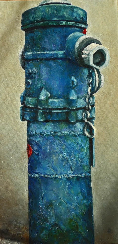 der blaue hydrant, 40x80, öl, 2016 überarbeitet