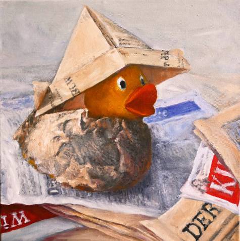 Zeitungsente allein zu Haus, öl auf lw, 30x30 cm, 3-2020