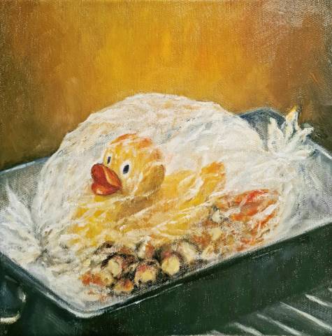 some like it hot - bratente, 30x30 cm, öl auf lw, 1-2021